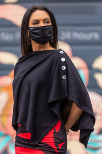 Model wearing a Chloe Angus Design Wool Button Wrap in Black