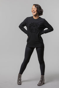 Model wearing Chloe Angus Design Bamboo Fleece Leggings in Black