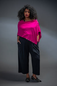 Model wearing a Chloe Angus Design Bamboo Button Wrap in Blackberry