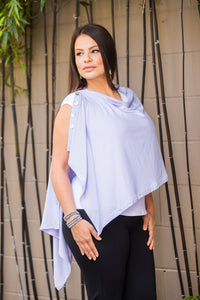 Model wearing a Chloe Angus Design Bamboo Button Wrap in Lilac