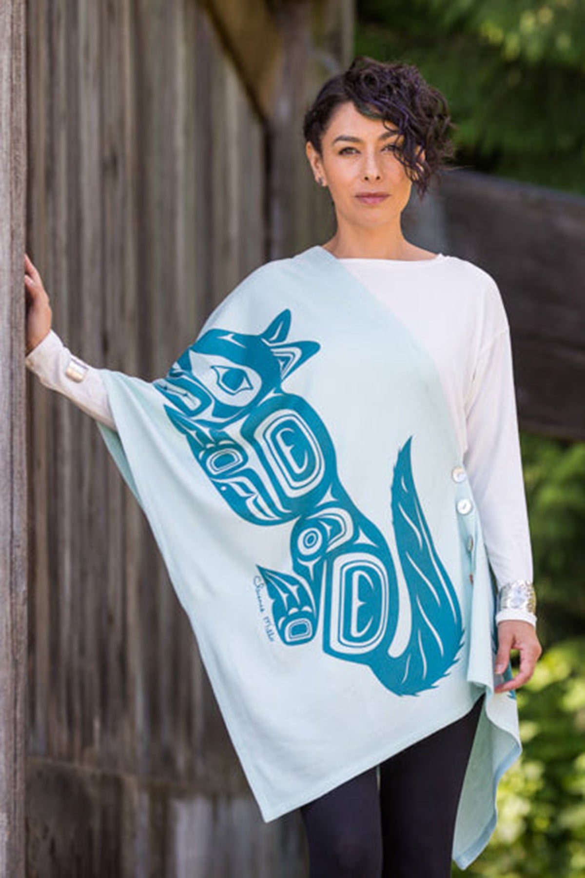 Chloe Angus Design Spirit Wrap with Wolf print by Clarence Mills